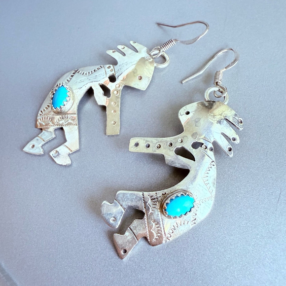 Native American Navajo Louise Yazzie Kokopelli Flute Turquoise 1.75" Earrings - Picture 3 of 6